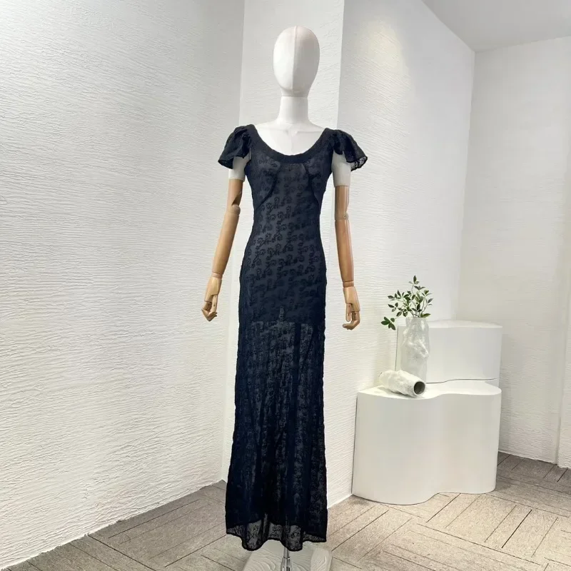 Top Quality Silk Elegant Black See Through Sexy Embroidered Flying Sleeves Lace Patchwork Women Midi Dress