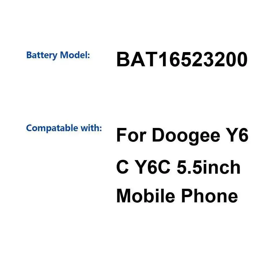 

Быстрая зарядка для Doogee Y6C 5,5-дюймовый аккумулятор для мобильного телефона 3200 мАч BAT16523200 Долговечная работа