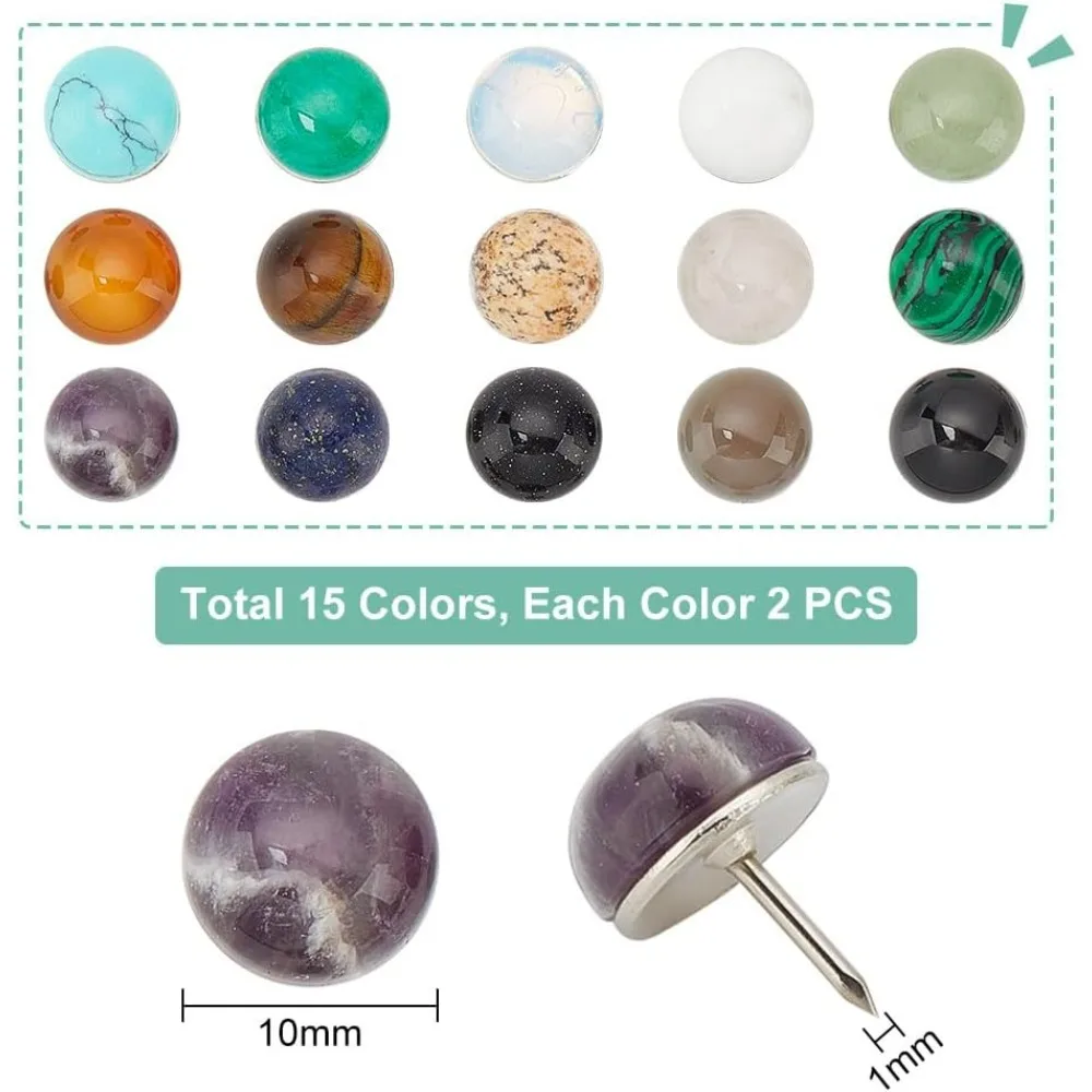 30pcs Creative Fashion Push Pins 15 Colors Gemstone Decorative Thumbtacks Paper Clips Half Round Iron Drawing Pins Thumb