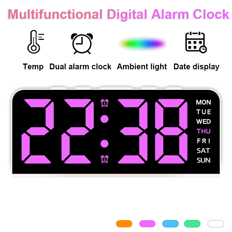 Digital LED Alarm Clock with Mood Light TEMP Date Week 2 Alarms Snooze Electronic Table Clock Brightness Adjustable 12/24H Clock