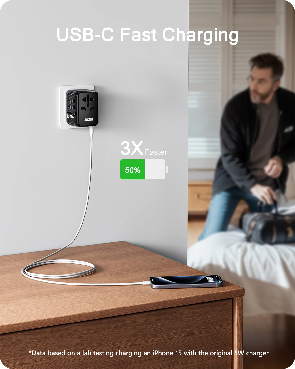 LENCENT Universal Travel Adapter with 3 USB Ports Type C Fast Charging All-in-one Power Adapter EU/UK/USA/AUS Plug for Travel
