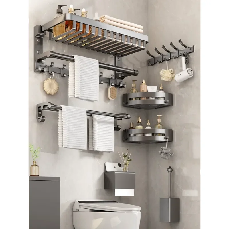 For Gun Ash Non Punching Bathroom Towel Rack 5 Piece Set Wall Mounted Toilet Shelf Storage Organizer Space Saving Home Decor