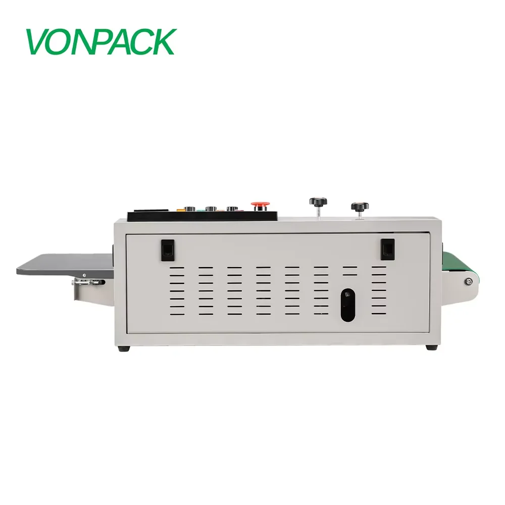 VONPACK FR-1000 ماكينة ختم شريط الطاولة الأوتوماتيكية من الفولاذ المقاوم للصدأ ماكينة ختم شريط المصنع المستمر تاريخ الطباعة