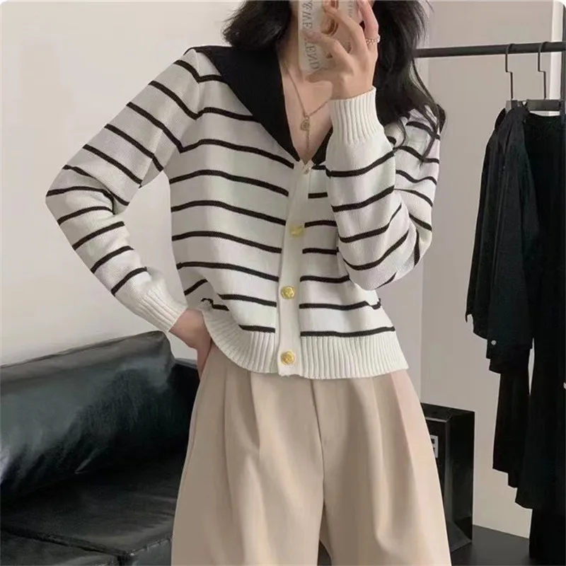 

Women's French Style Striped Sweater Spring Autumn Sailor Collar Knitted Cardigan Coat Loose Long Sleeved College Style Top