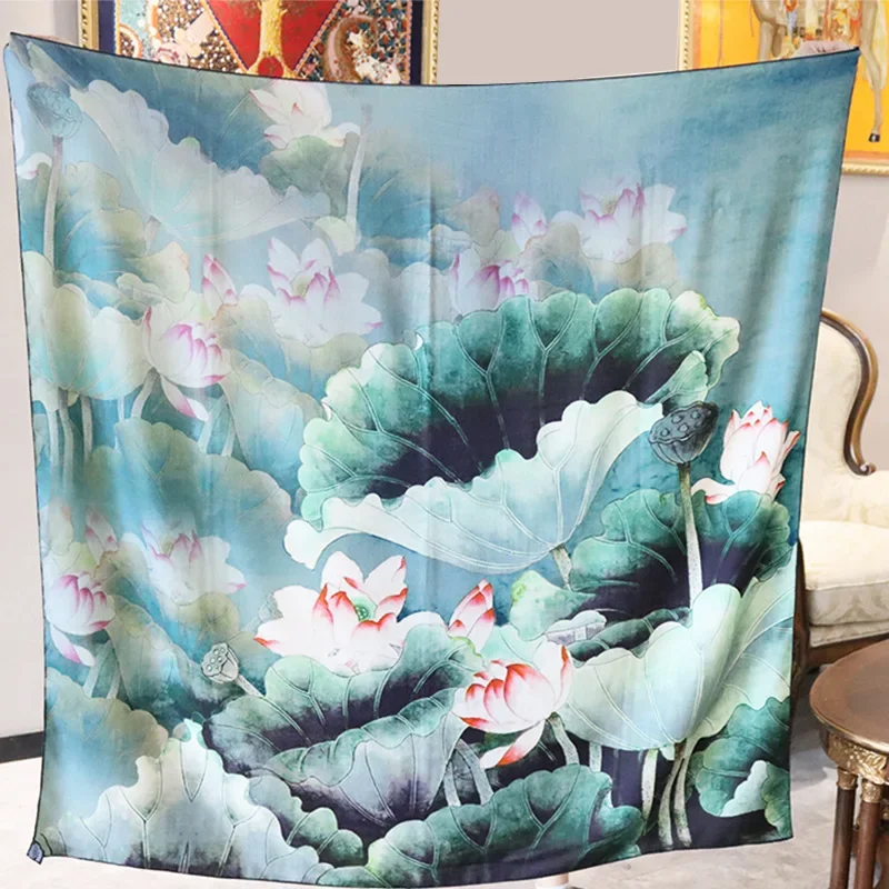 High-end Elegant Women's Exquisite Lotus Moonlight Double-sided Printing Quality Silk Wool Hand-rolled Edge Large Scarf Shawl