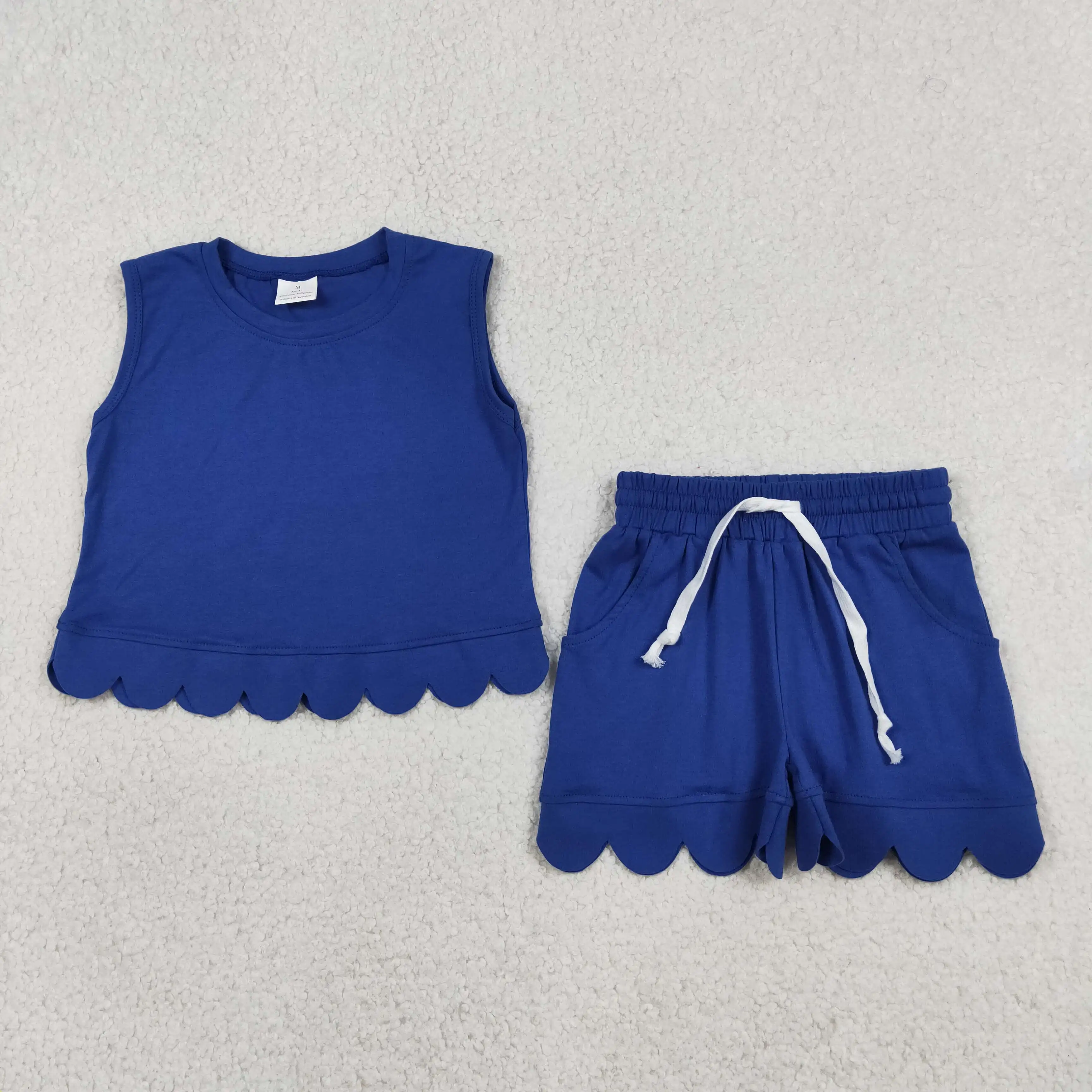 

Wholesale Baby Girl Sleeveless Blue Shirt Pockets Shorts Cotton Set Kids Girls Ruffle Clothes Children Toddler Summer Outfit