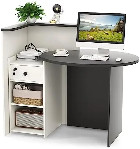 Reception Desk, Front Counter Desk with Lockable Drawer & Adjustable Shelf, Oval Desktop, Retail Counter for Checkout