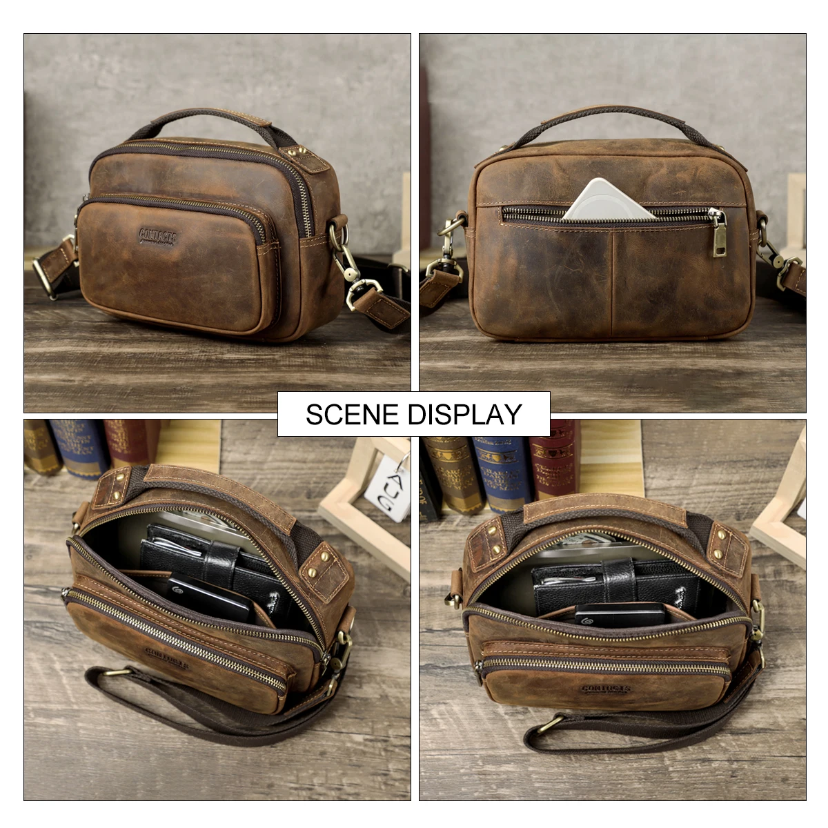 CONTACT'S Genuine Leather Sling Shoulder Bags for Men Vintage Messenger Bag Male Crossbody Bag Men Travel Bag for 8.3