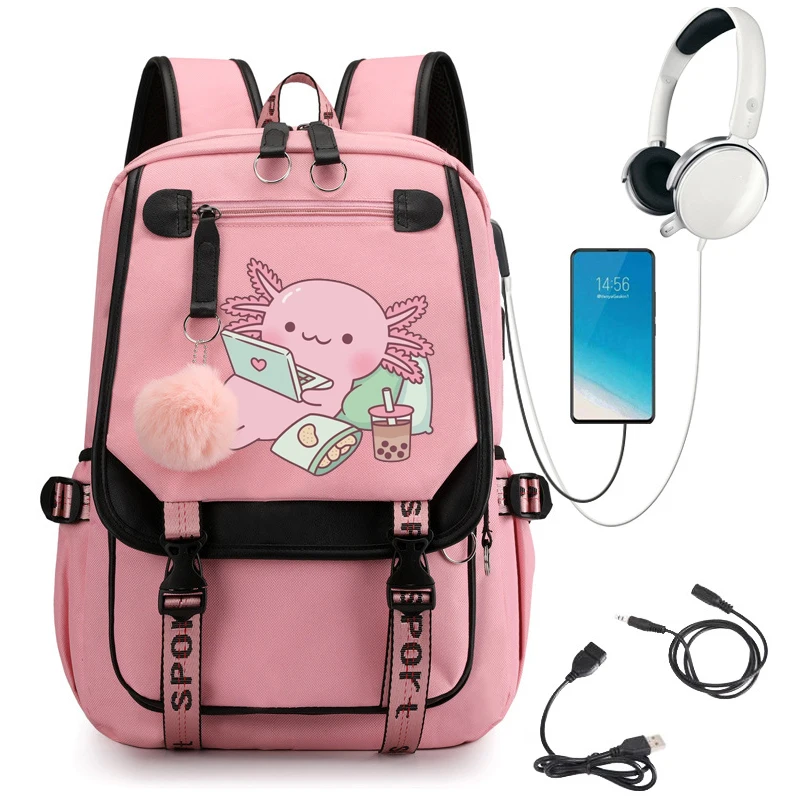 Cute Chilling Axolotl Mochila para Adolescentes, Nylon Bookbag, Mochila Feminina, Bolsa de Ombro, Mochila Escolar, Preto, Moda