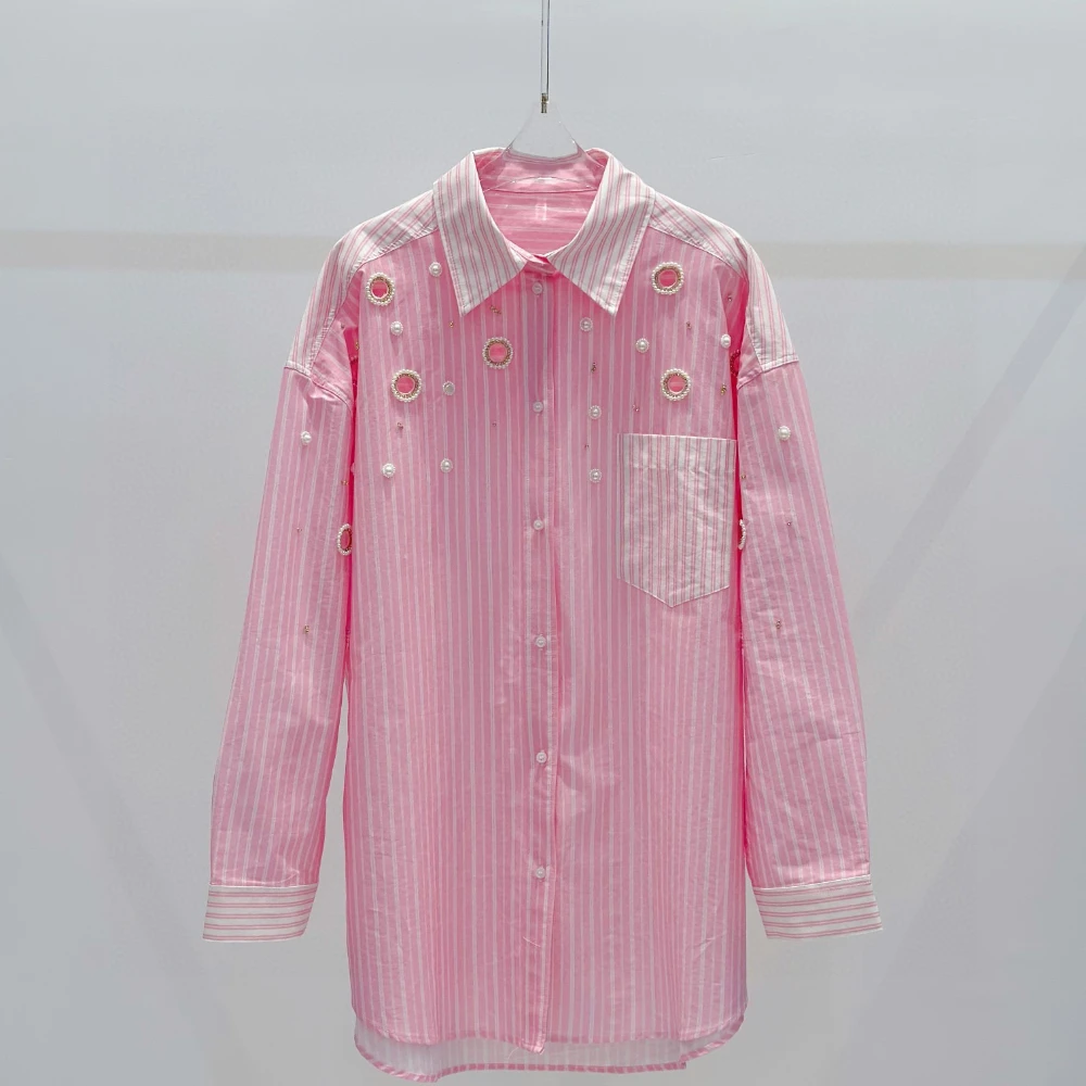 

Pink Long Sleeve Stripes Print Beading Pearl Blouse Tops and Short Set 2025 New