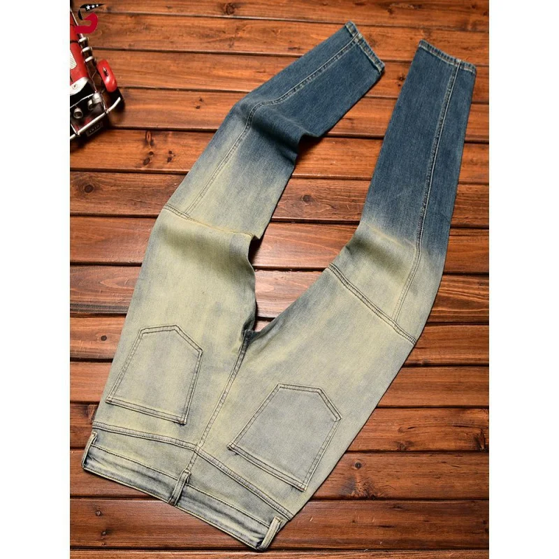 Celana Jeans pria, kelas atas ringan trendi mewah lurus tabung Slim Fit elastis motor dicuci Retro dan serbaguna jalan Denim