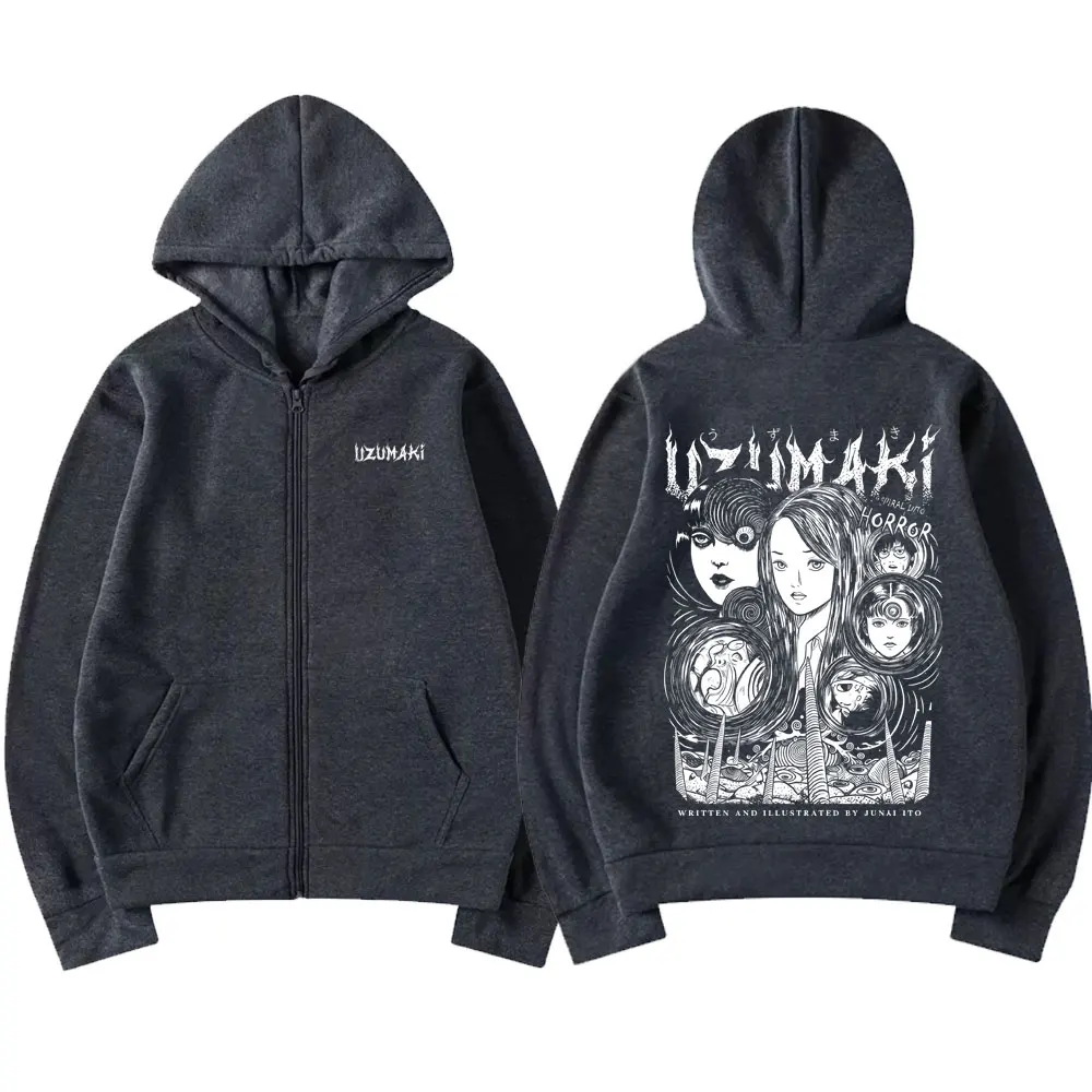 Anime Junji Ito Uzumaki Zipper Hoodie für Männer und Frauen, Retro Manga Zip-Up Sweatshirt, Unisex Casual Fleece Baumwoll-Zip-Up-Jacke – Detail 5