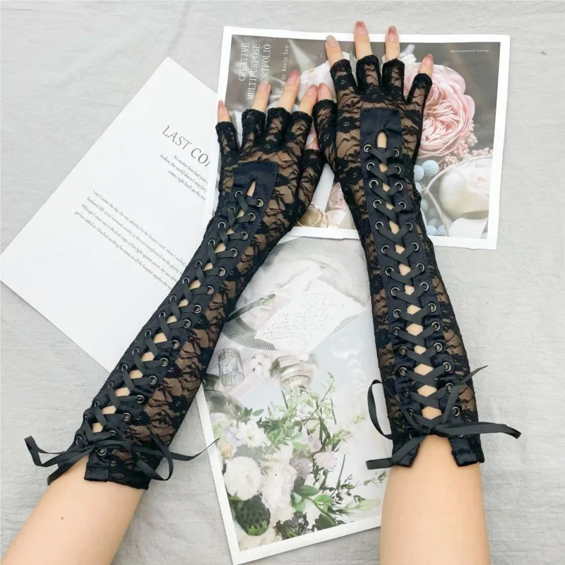 2024 Women Sexy Floral Lace Elbow Length Half-finger Gloves black String Ribbon Ties Up Dance Party Fingerless Fishnet Mittens