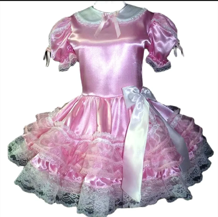 

French Adult Sexy Cross-dressing Girl Pink Satin Lace Dress Uniform Apron Role Play Sissy Dress Custom Lockable