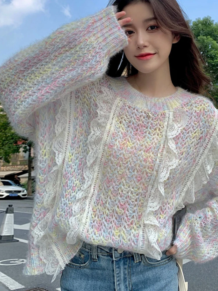 Spring Fall Goth Lolita Sweater Women Sweet Lace Patchwork Knitted Top Korean Fashion Kawaii Knitwear Sweaters Girly Y2k Clothes