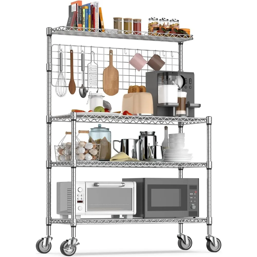 

4-Tier Microwave Stand with Wheels 20 S-Hooks, Adjustable Heavy Duty Storage Rack Commercial Grade Metal , Chrome