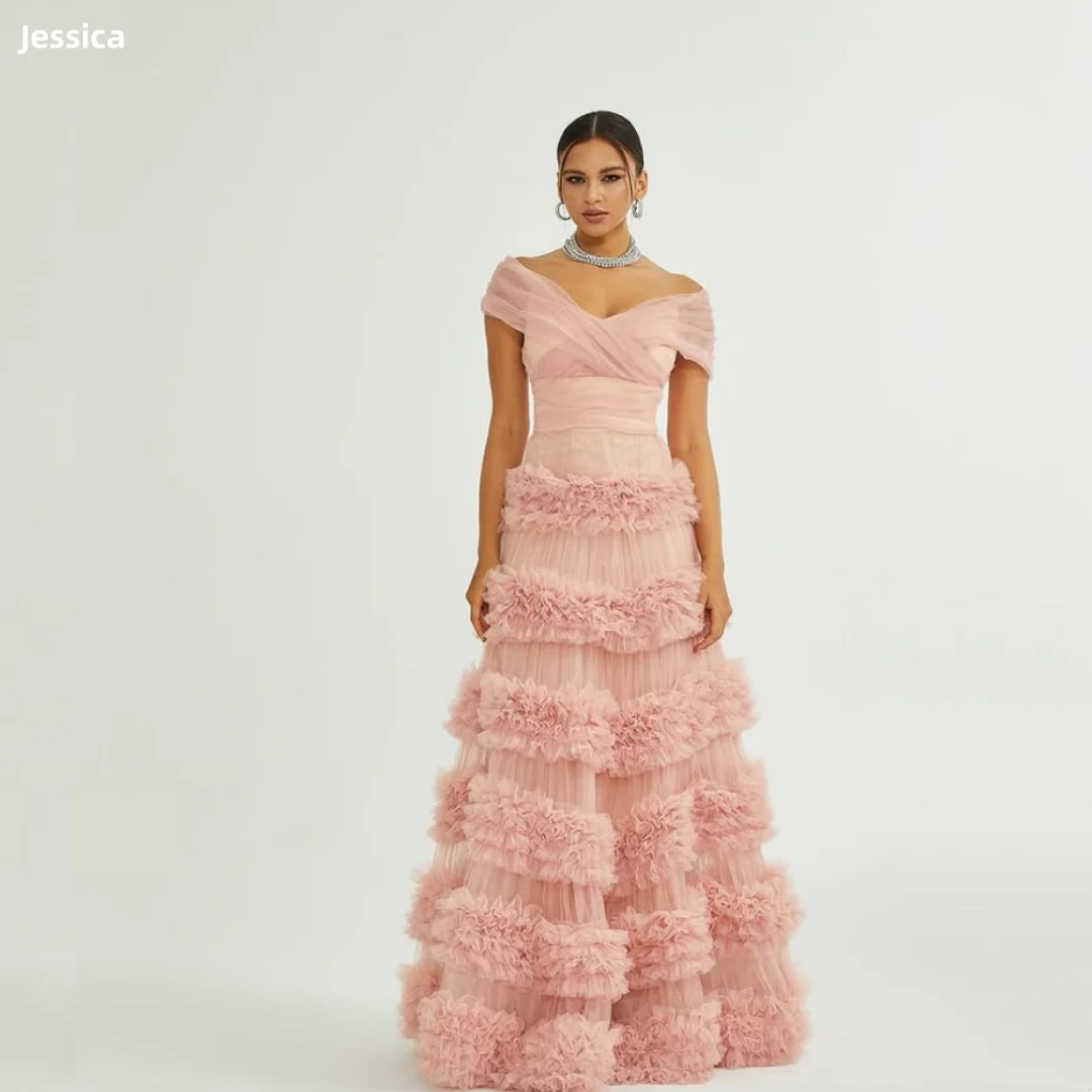 

Великолепные розовые вечерние платья Jessica, многослойные платья для выпускного вечера из тюля ручной работы с загнутыми краями, Vestidos De Gala по индивидуальному заказу