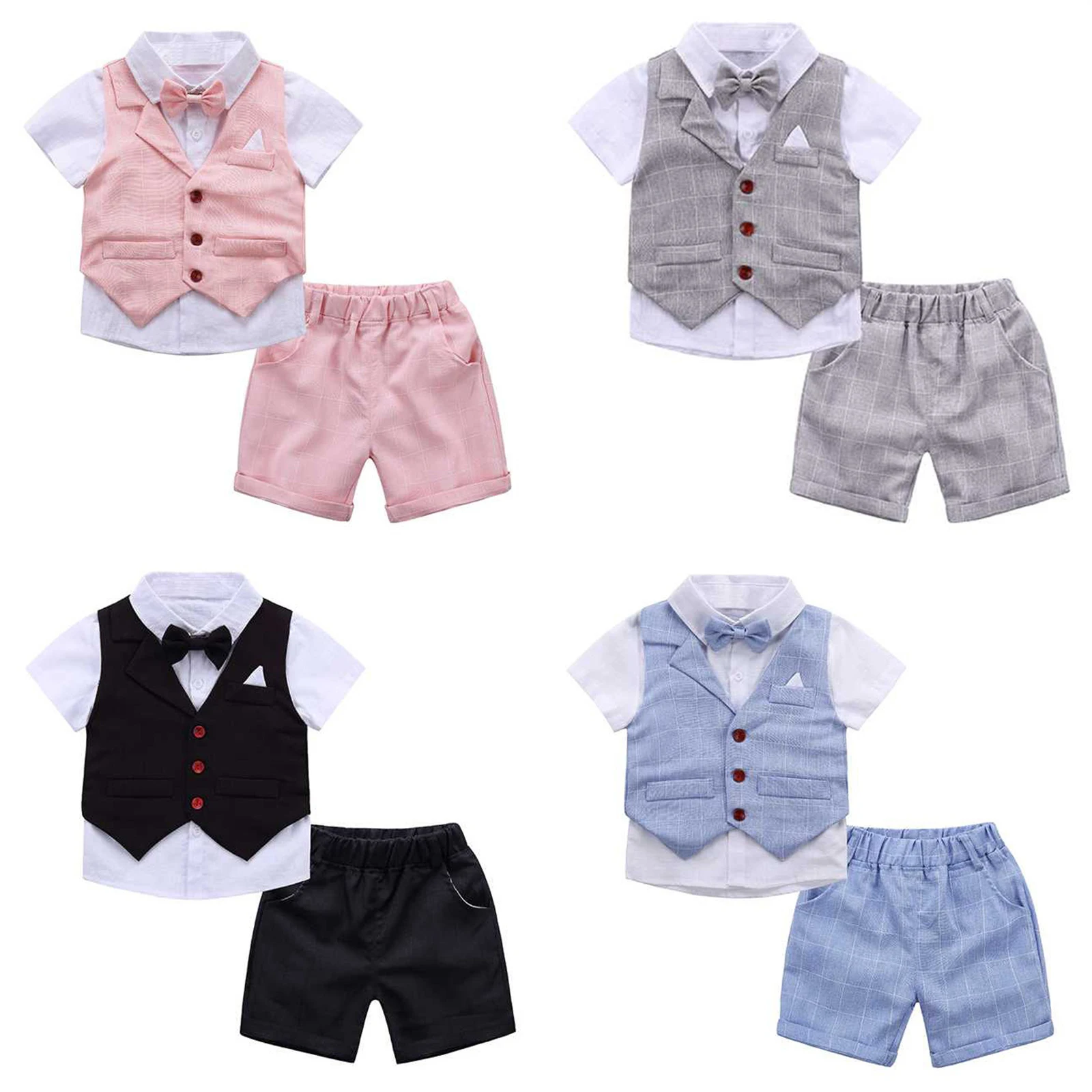 Little Boys Baby Formal Suits Wedding Gentleman Bow Tie Shirt Waistcoat Fake Two-Piece Tops with Shorts Gentleman Outfits