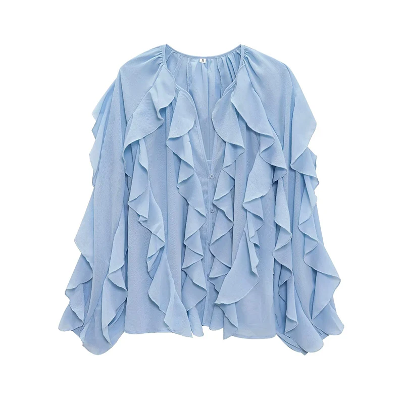 

OMSJ Fashion Elegant Women's Ruffle V-neck Layered Decorative Long Sleeve Button Loose Casual Blouse Commuting Holiday Shirt Top
