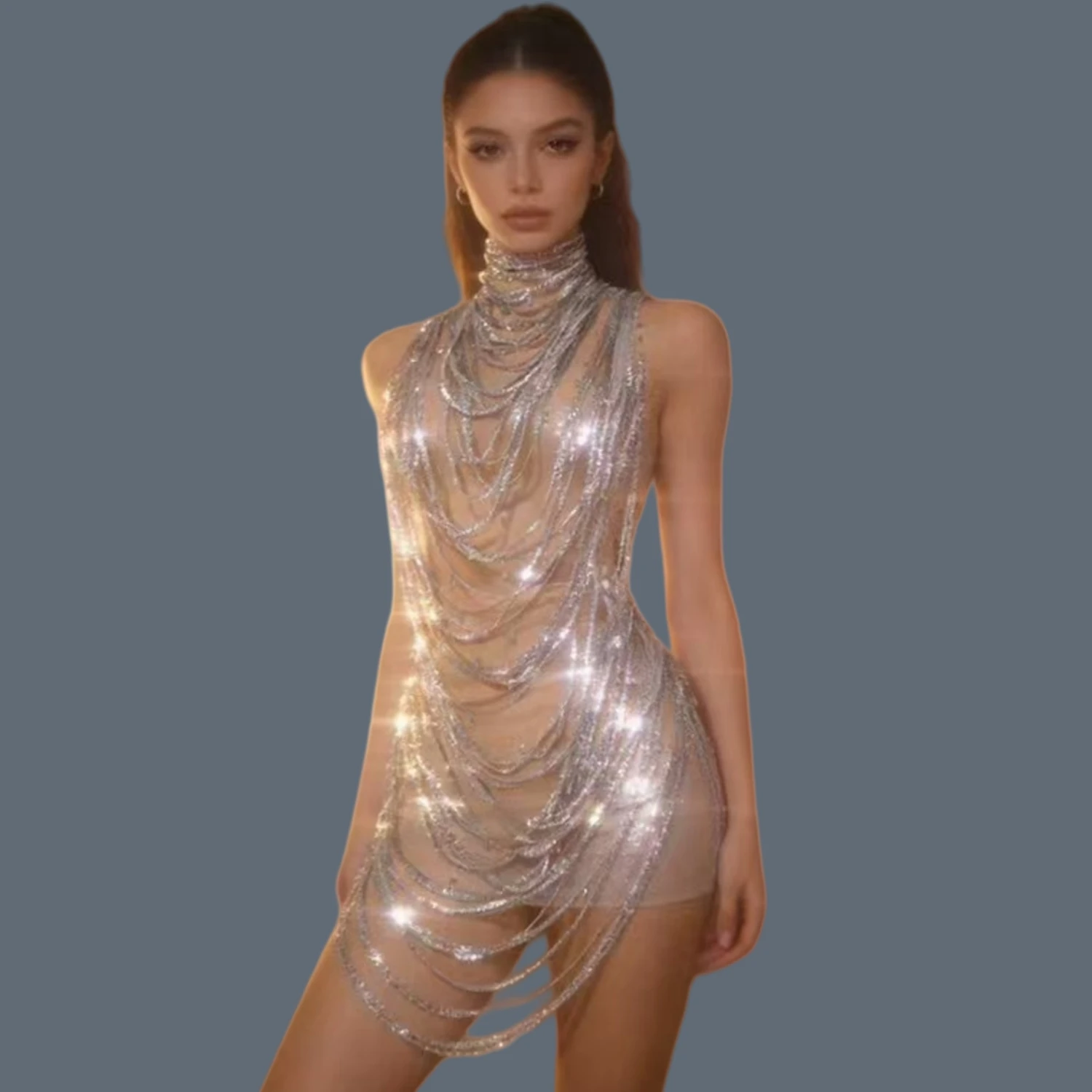 

Sexy Women Silver Chain Fringe Transparent Mesh Dress Showgirl Stage Dancer Outfit Party Club Performance Sparkly Wear Xiansuo