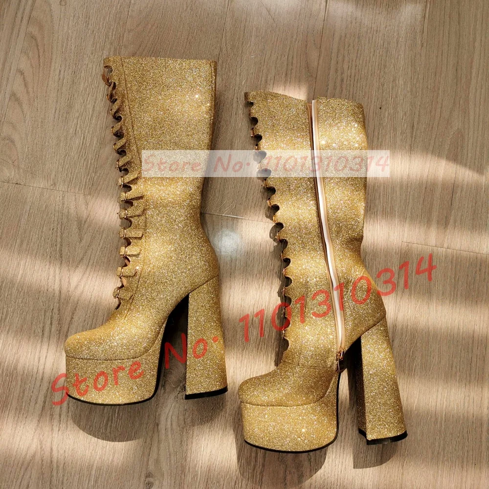 Punk Gold Glitter Strappy Platform Boots donna Sparkly Round Toe Belt Buckle stivali alti al ginocchio donna Party Side-zip Cutout Shoes