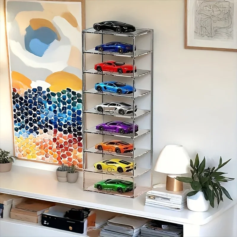 PGY Acrylic 8-Tier Model Car Display Stand with Flip-Top Lid Racing Car Models Collector's Showcase Action Figures Display Boxes