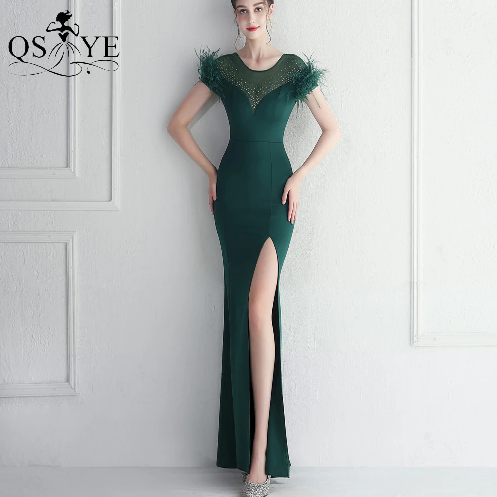 

Sexy Split Emerald Evening Dresses Sequined Sheer Shoulder Fur Cap Short Sleeves Green Prom Ostrich Hair Party Gowns Bridesmaid