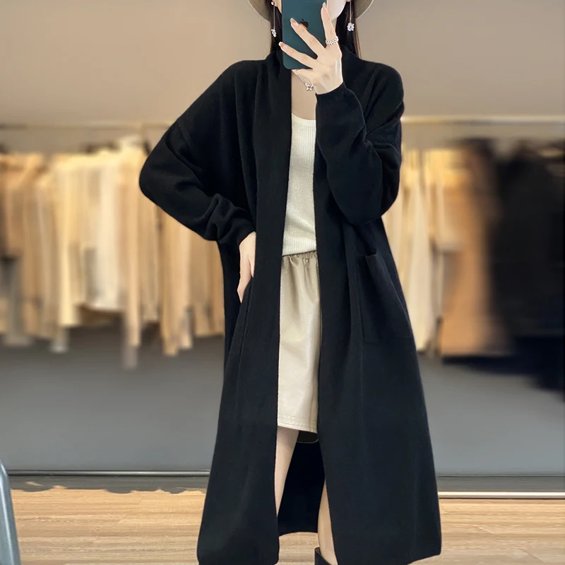 Autumn And Winter New Pure Wool Cardigan Women's Long Knee-Length Wool Sweater Coat Lazy Wind Coat