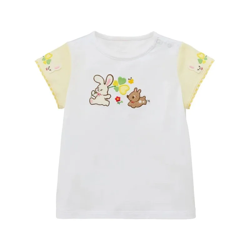 Japanese Style Girls T-Shirts Color Block Tops Summer Cartoon Bunny Floral Embroidery Cute Kids Short Sleeve T-Shirt