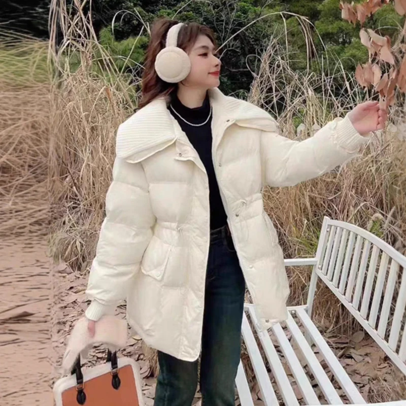 الشتاء متماسكة التلبيب لصق منتصف طول أسفل سترة الإناث الرباط سميكة الدافئة سترة المرأة الأبيض بطة أسفل جيب باركر أبلى
