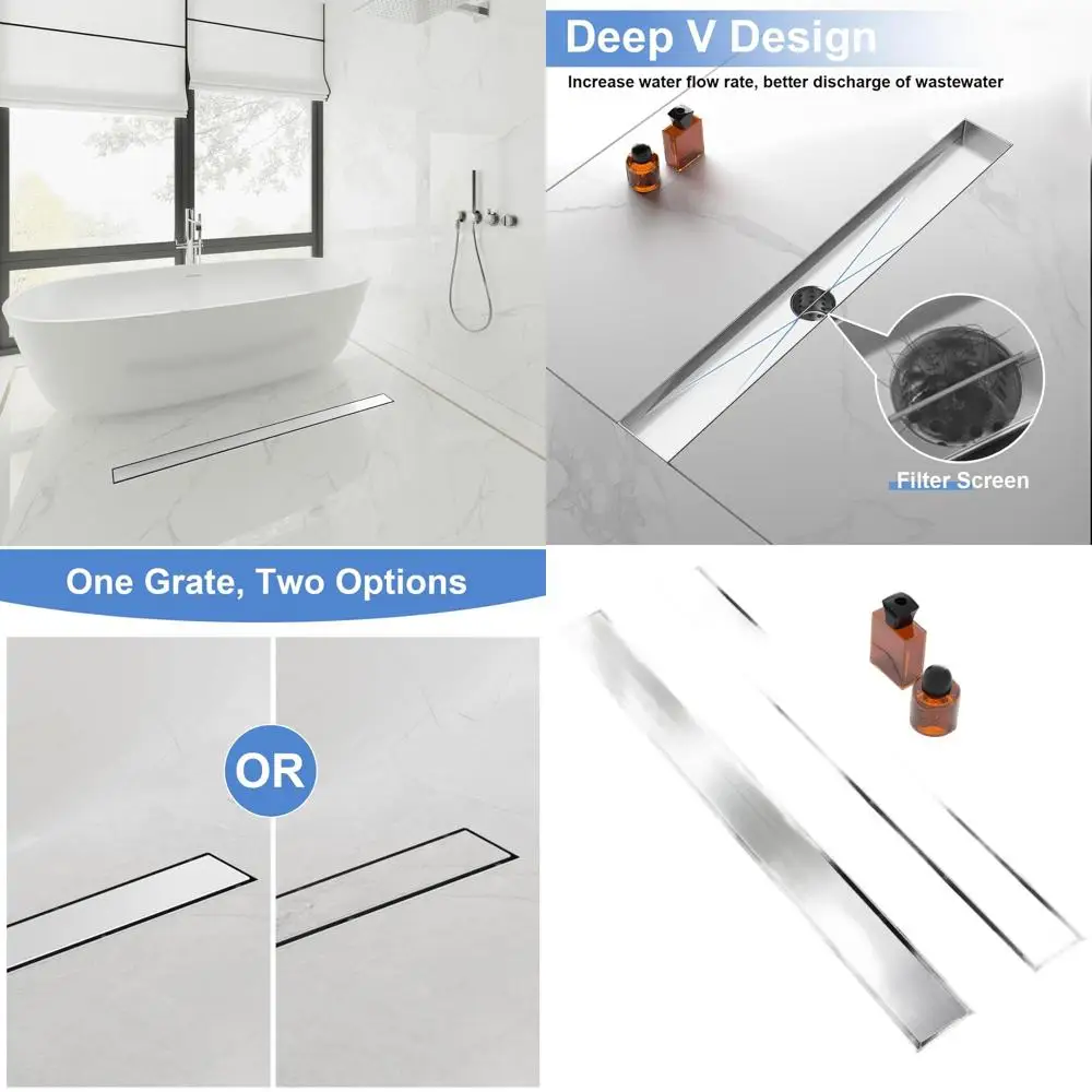 

48 Brushed Nickel Linear Shower Drain with Tile Insert, SUS 304 Stainless, Leveling Feet, Hair Catcher for Bathroom