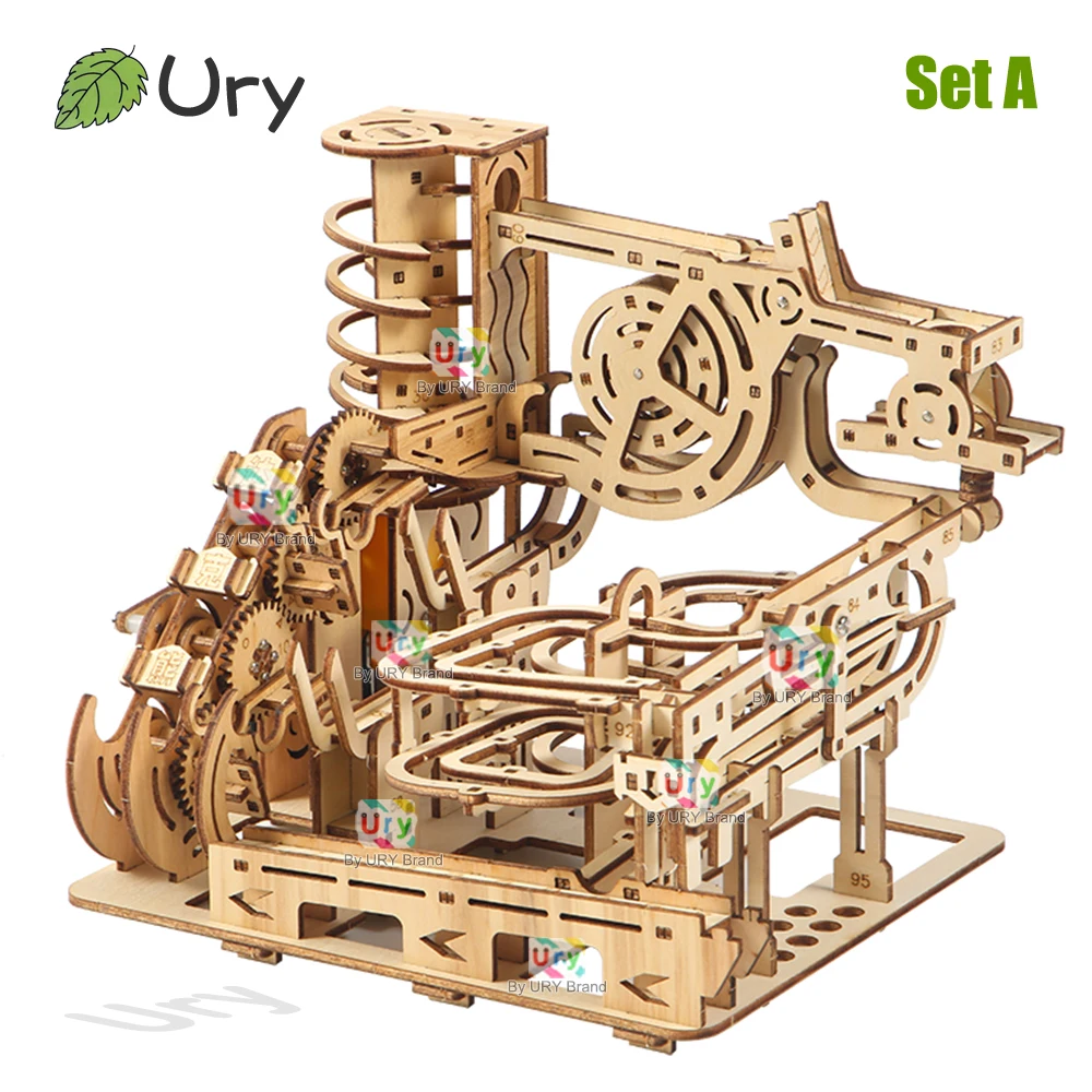 Ury 3D Holzpuzzle Elektrische Katapultbahn Murmelbahn-Set Mechanisches Modell Wissenschafts-Labyrinth 7 Kugeln Montage-Geschenk