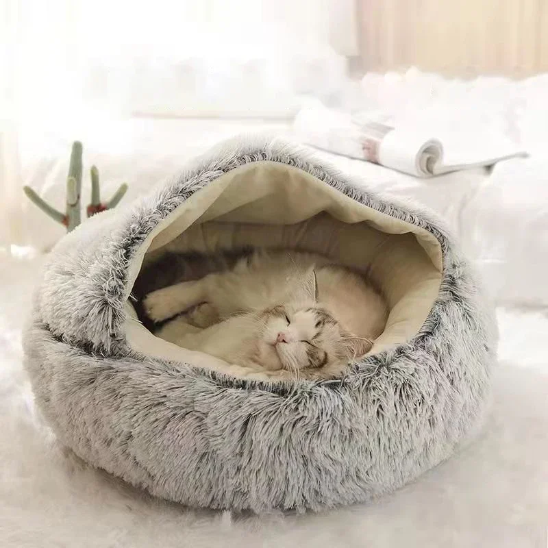 Winter Long Plush Pet Cat Bed Round Cat Cushion Cat House 2 In 1 Warm Cat Basket Cat Sleep Bag Cat Nest Kennel For Small Dog Cat