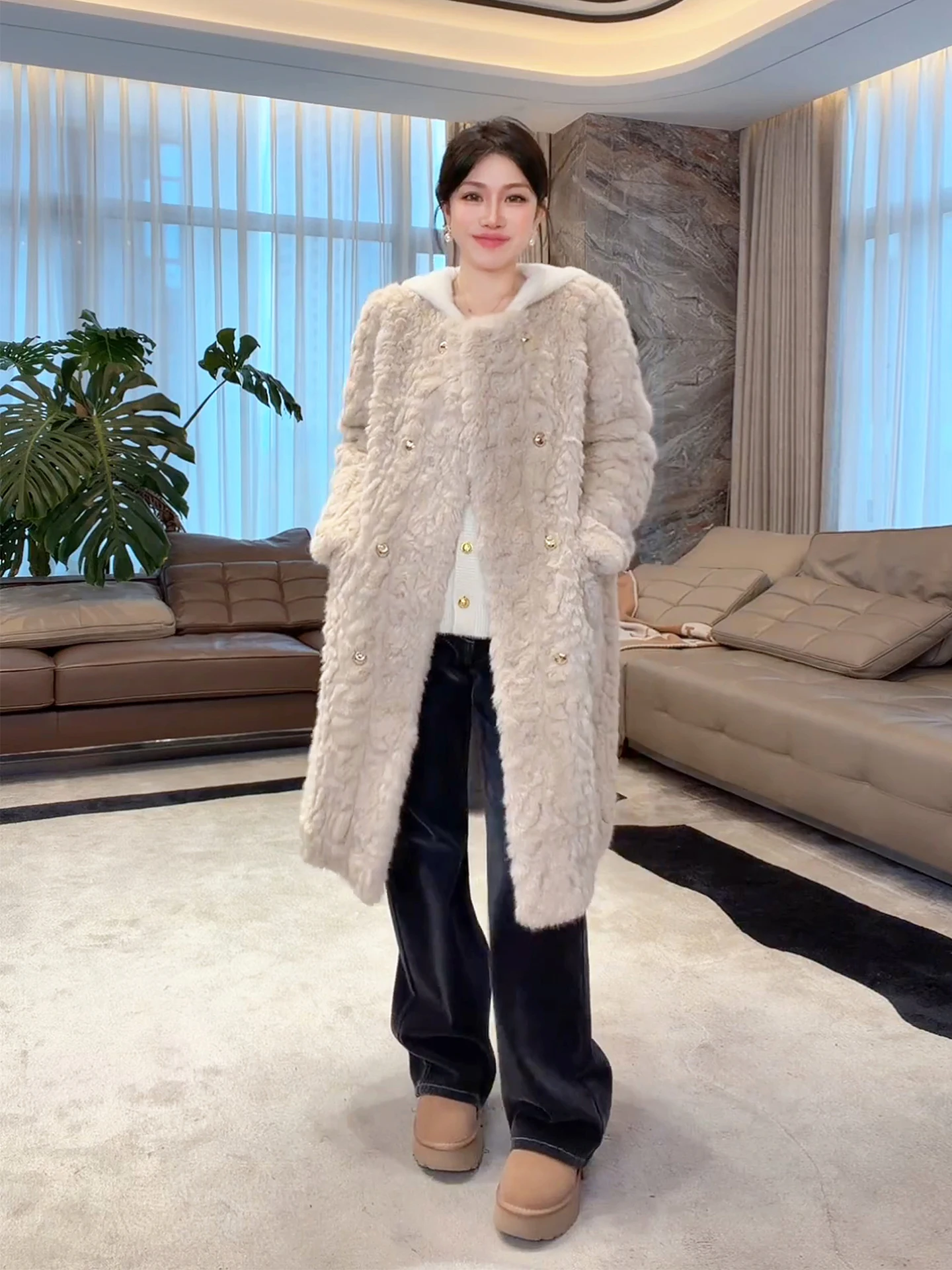 

ME【CE Long Scroll King】TEDDY Furry Warm Faionable Outerwear Lo Temperature MESA4440 Polyester Fiber Long Sve Coat