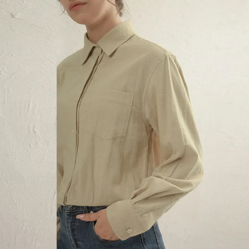 

Brushed 100% Cotton Womens Tops Long Sleeve Button Up Shirts And Blouses Office Lady Youth Fine Elegant Blouses For Women