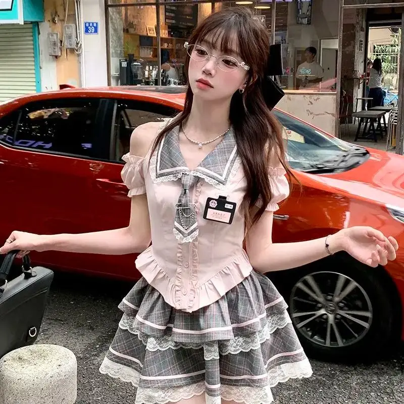 

Japan College Style Pink Shirt Off-Shoulder Top Women'S Summer Cake Skirt Two-Piece Suit