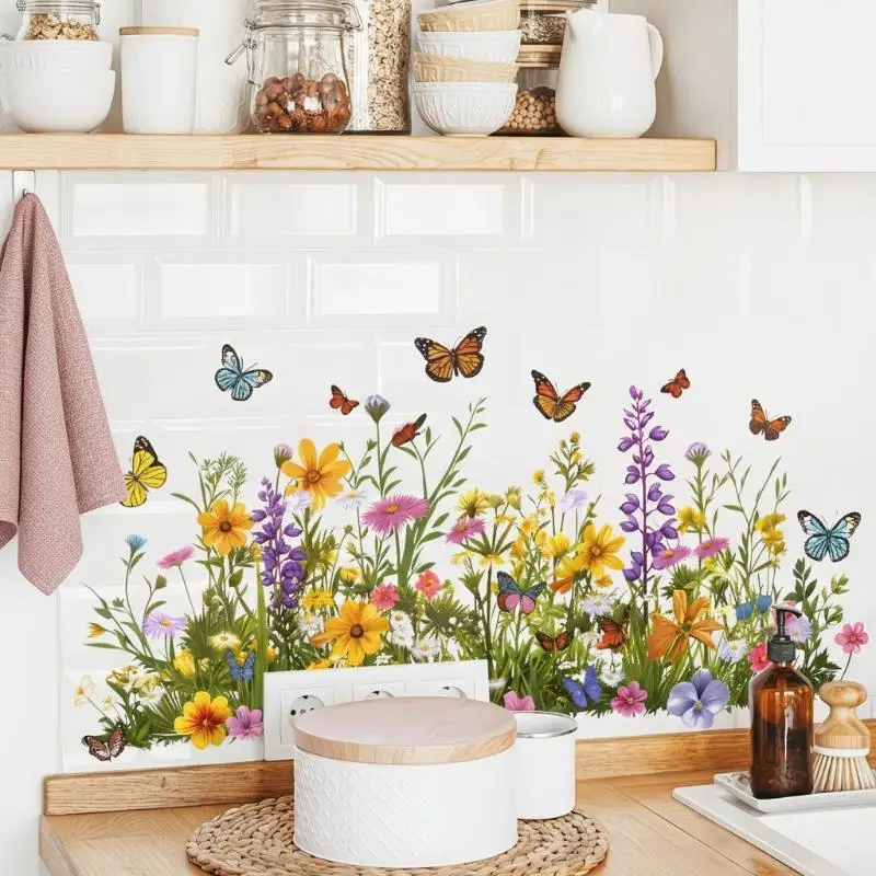 Fresh Floral Pattern Sink Area Background Wall Sticker Bathroom Wall Decoration Self-Adhesive Removable Waterproof Sticker