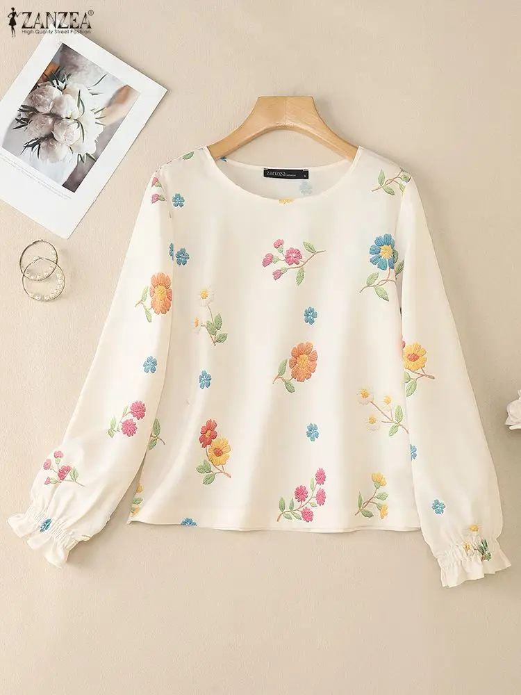 

ZANZEA 2022, женские топы с длинными рукавами, осенняя блузка с цветочным принтом, модные рабочие рубашки, повседневная свободная рубашка с круглым вырезом, Mujer Oversize