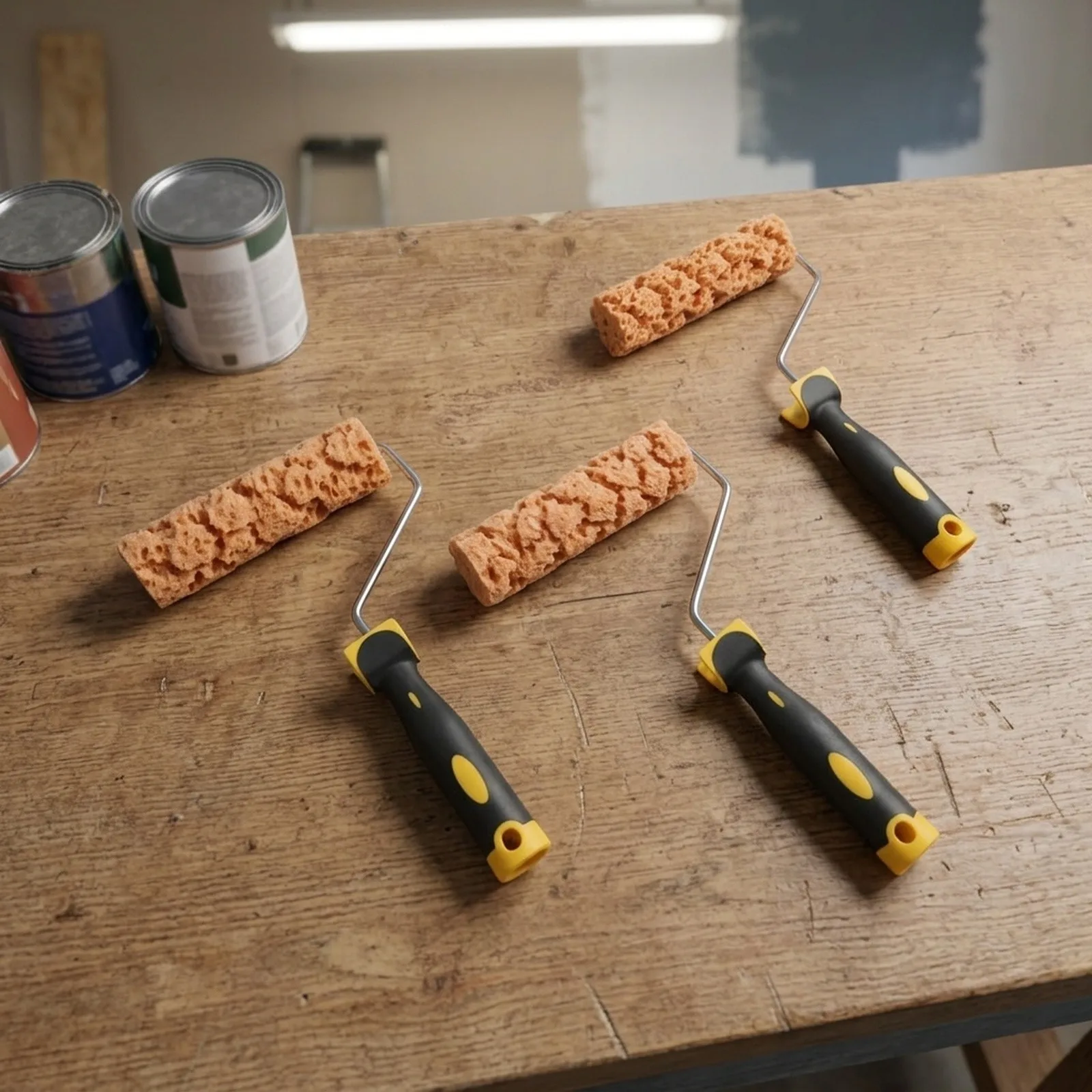 Wall Decoration Roller Brush Kit 3 Piece Set with Textured Sponge Rollers and 6 Inch Pattern Brushes for Artistic Wall Finishes