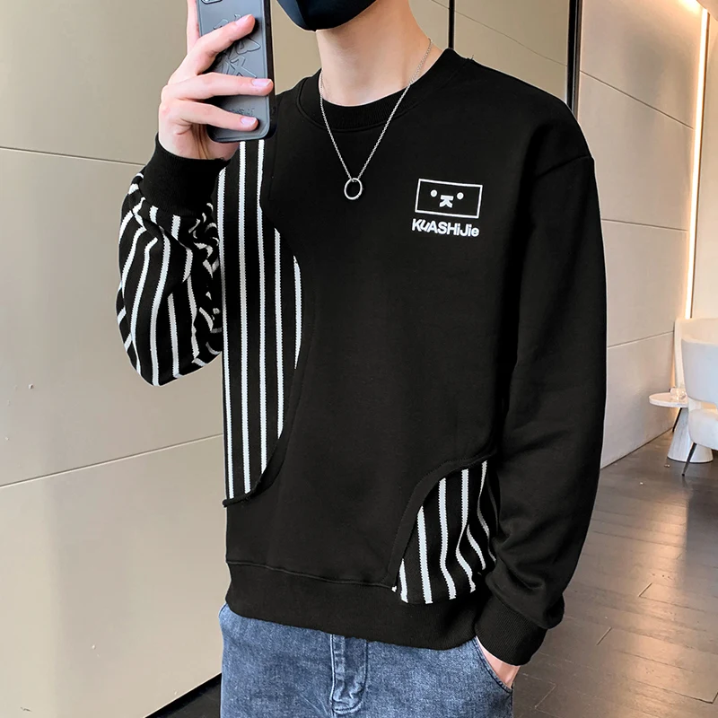 Fashion and Casual 2023 Autumn and Winter Men's Pullover Round Neck Letter Printed Contrast Loose Sweater Long Sleeved Tops