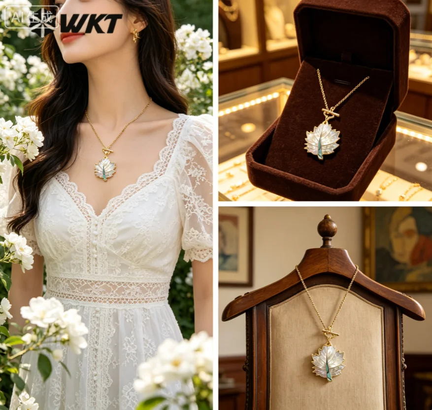 WT-JN354 5 PCS WKT Natural Shell 18inch Leaf Shape Necklace With 18k Real Gold Plated  For Women Daily Jewelry ACC