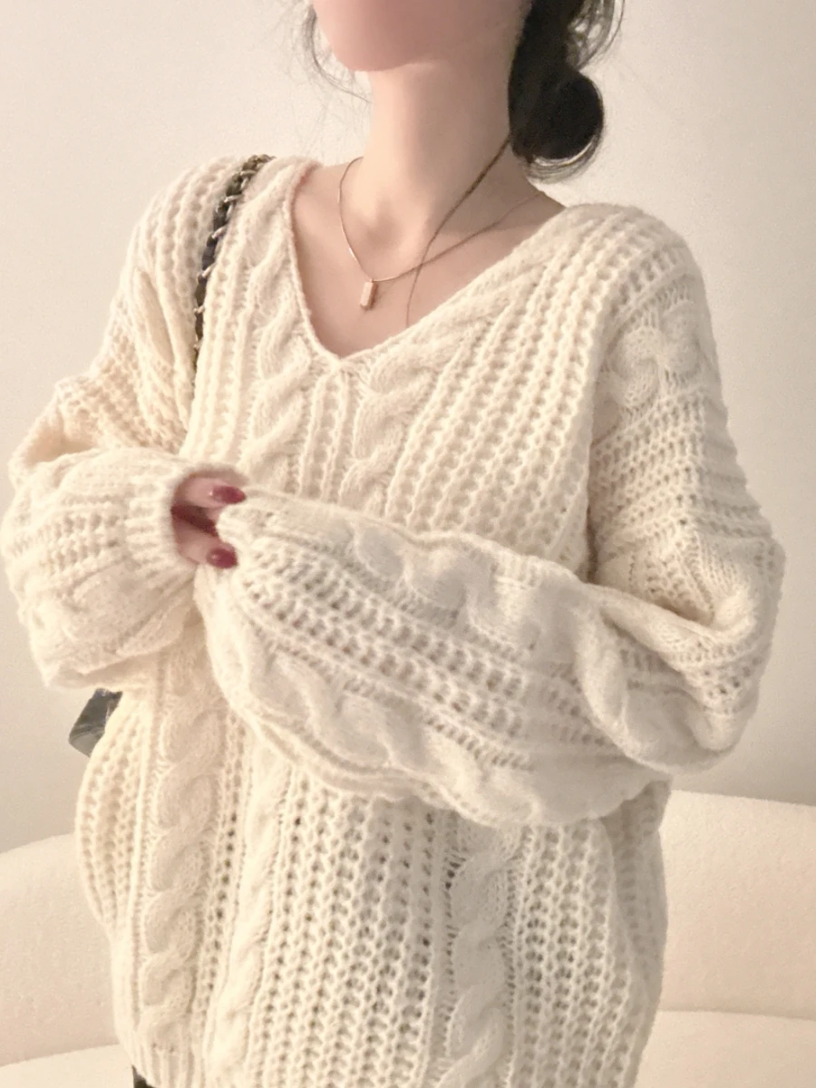 

Chic Lazy Sle Soft Plump Twisted Sweater Women's Autumn Winter Loose Slimming Overhead Knitted irt Chinese Design