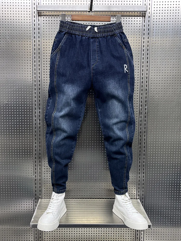 

Autumn Winter Thickened Men's Jeans Embroidered Cuffed Pants High Elasticity mid Waist Youth Fashion Wear Resistant High Rise