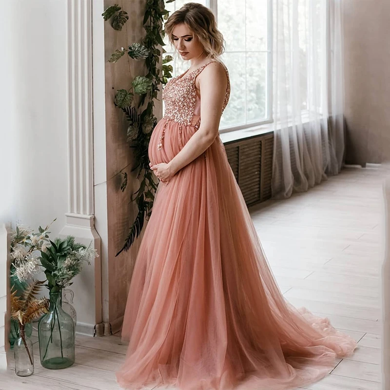 Maternity Dresses Evening for Women Plus Size Prom Gowns Beaded Sequins Side Split Tulle Pregnancy Bride Robe De Marrige