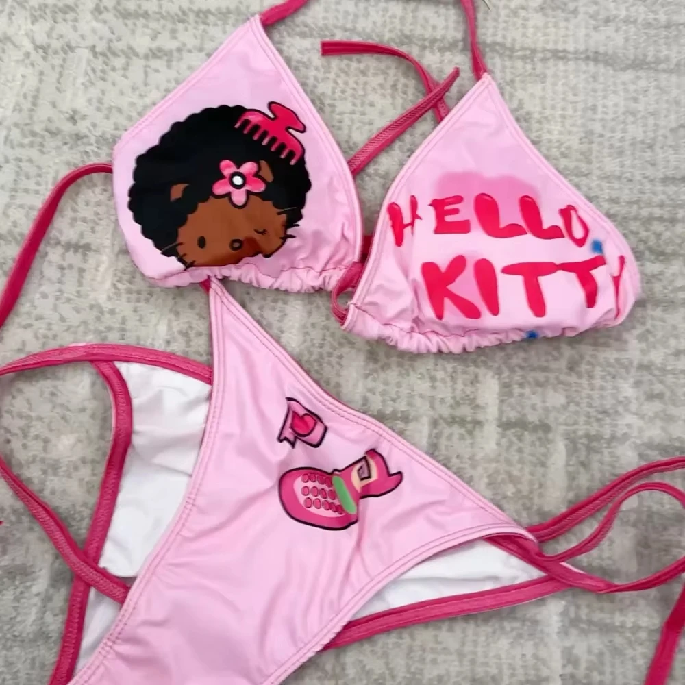 

3 шт. SanrioS аниме Y2K Hello Kitty бикини купальник костюм для женщин сексуальные горячие девушки Kitty нижнее белье бюстгальтер трусики пляж море