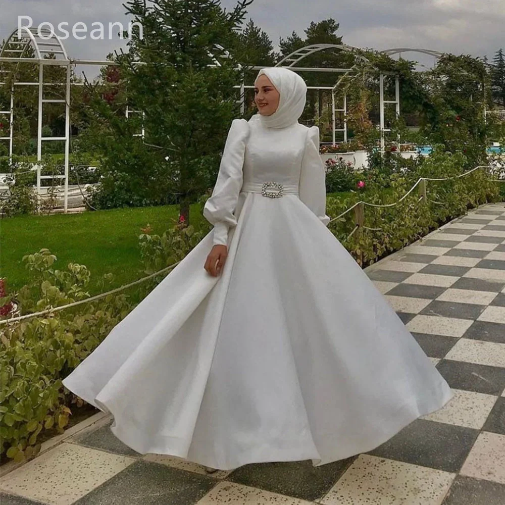 Moslim Ivoor Hoge Kraag Trouwjurken 2023 Nieuwe Design Riem Satijnen Bruidsjurk Full Floor Length Borsteltrein Robe De Mariée