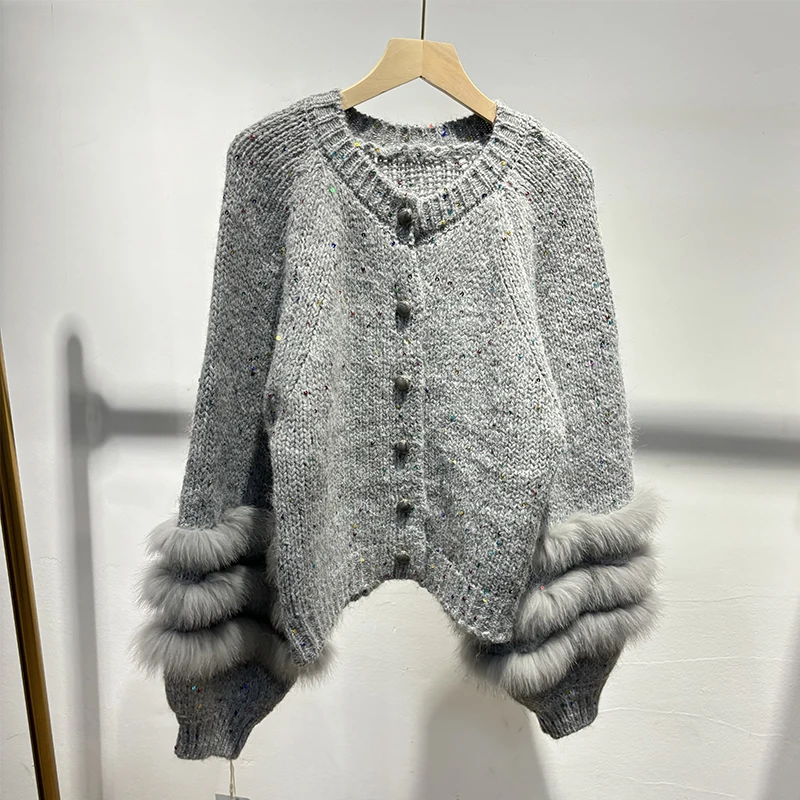 2025 herbst Frauen Glänzende Pailletten Echt Fox Pelz Pullover Spezielle Design Gestrickte Jacke Tragen
