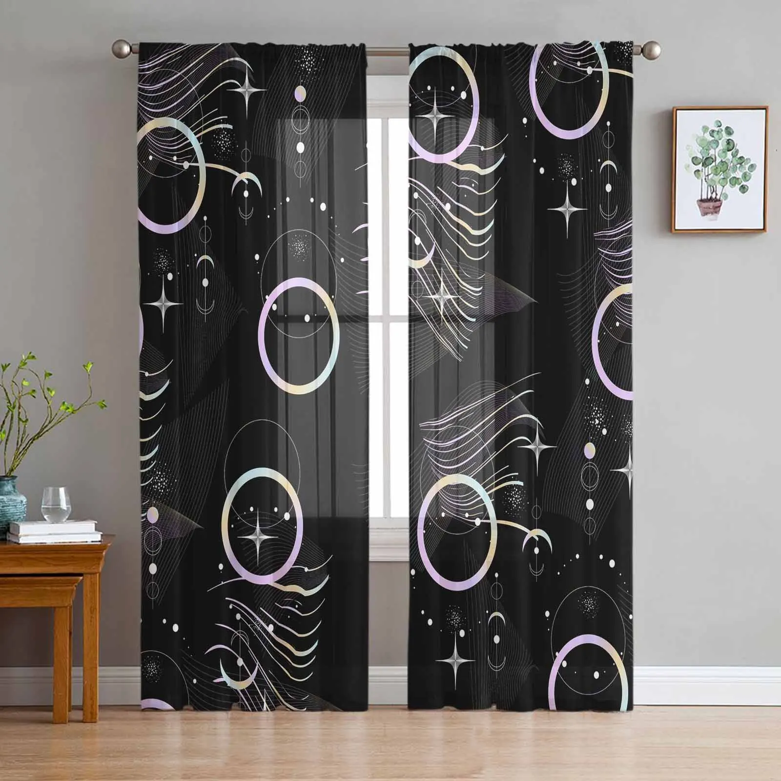 Star Circle Black Moon Sheer Curtains for Bedroom Living Room Voile Window Curtains Kids Room Tulle Curtain