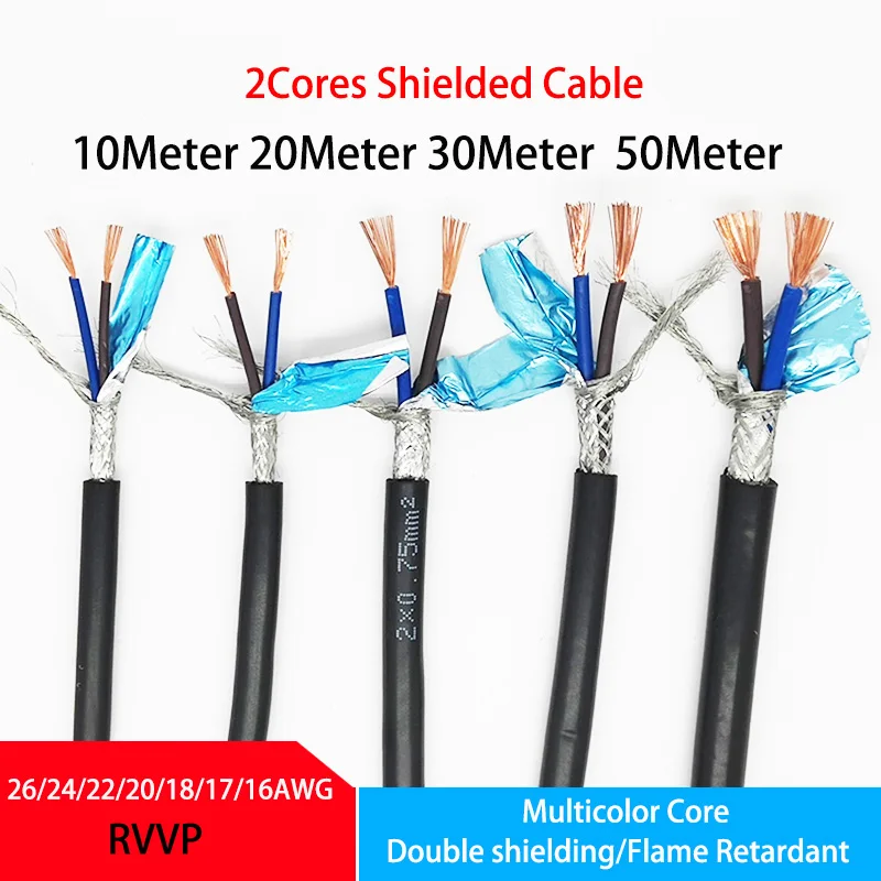 2Cores RVVP Shielded Cable 26 24 22 20 18 17 16AWG   2Cores Control Signal Copper Wire Black PVC Insulated Audio Cable