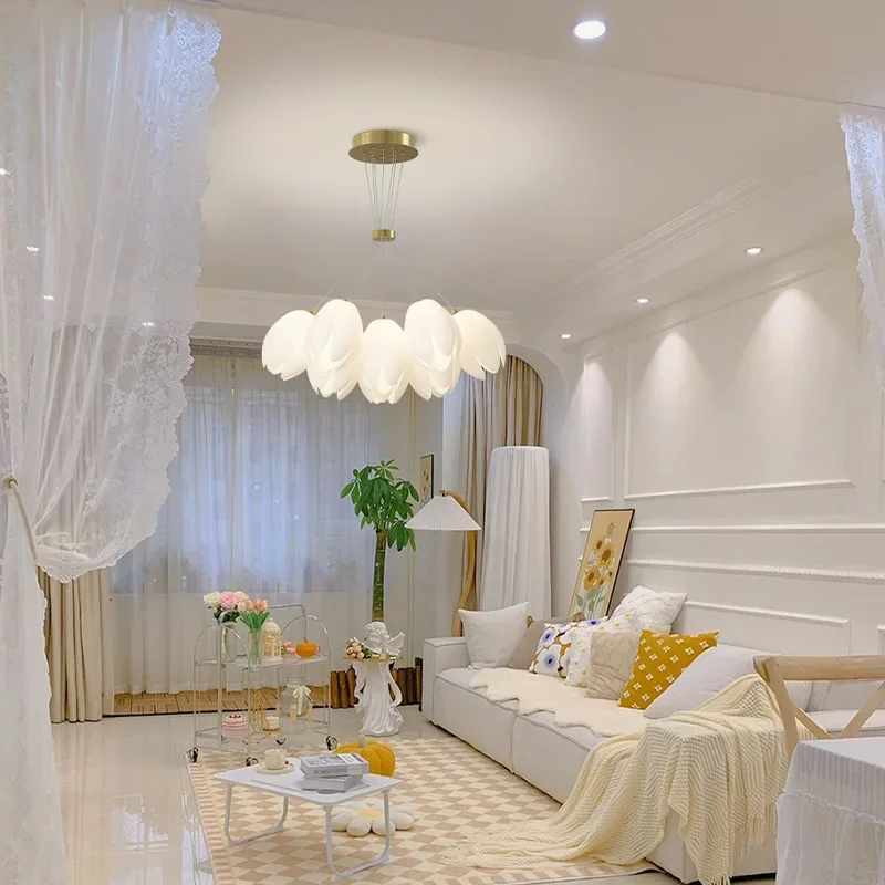 SANDYHA Elegant Floral Design Modern White Tulip Ceiling Lamp LED Chandelier Light for Living Room Bedroom Stylish Home Decor